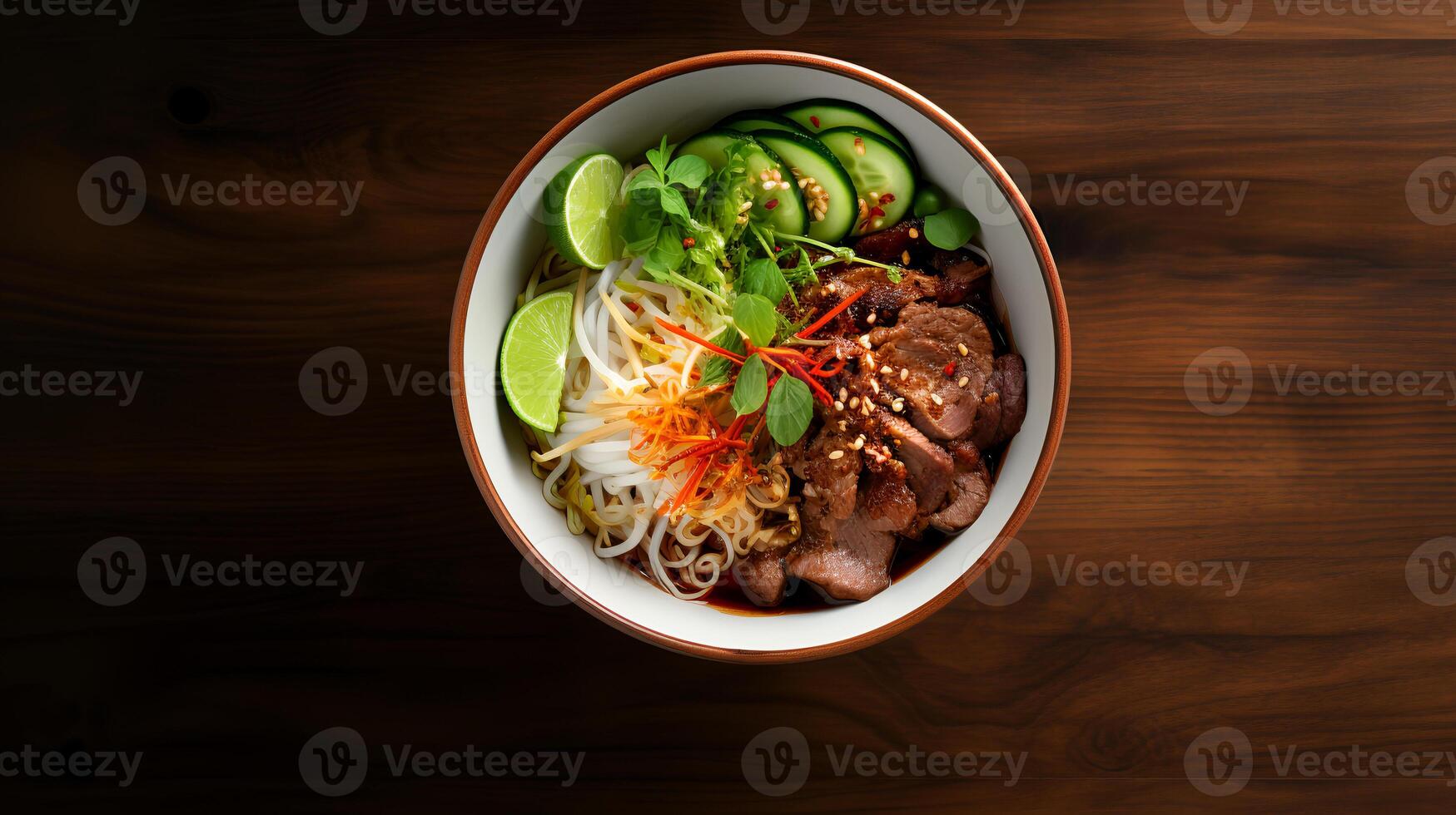 Food photography of pho on wood table. Generative AI photo