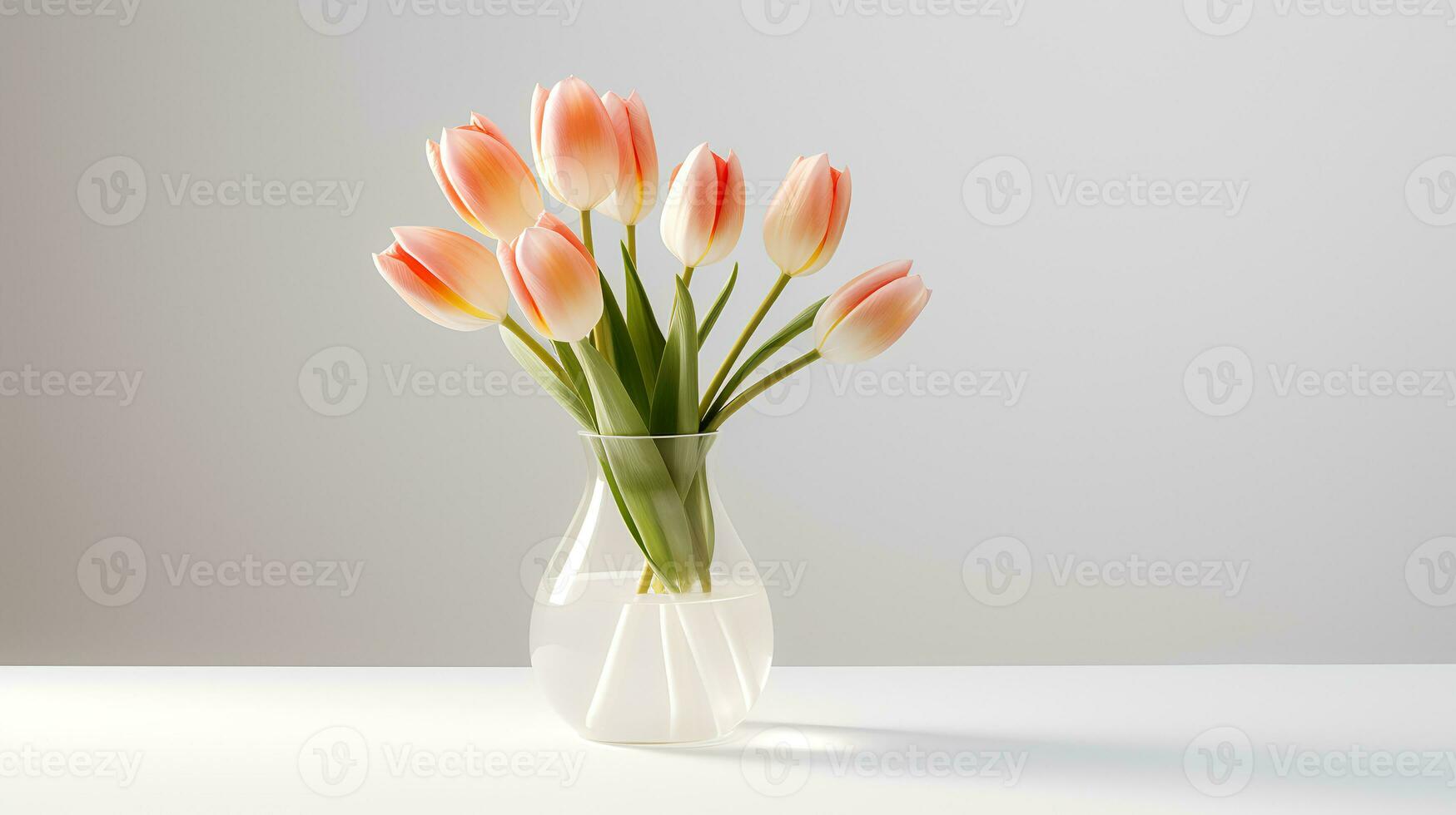 Photo of tulips in minimalist transparent vase as houseplant for home decoration on warm color background. Generative AI