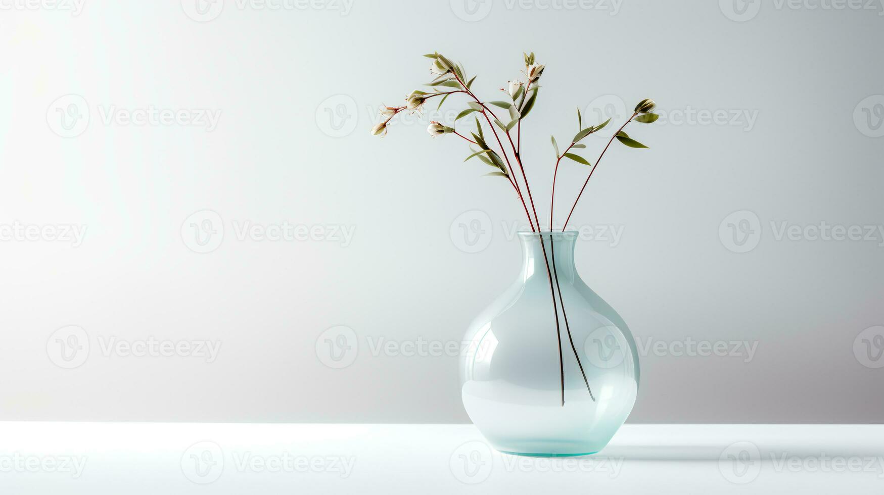 Photo of one stem plant in minimalist transparent vase as houseplant for home decoration on warm color background. Generative AI
