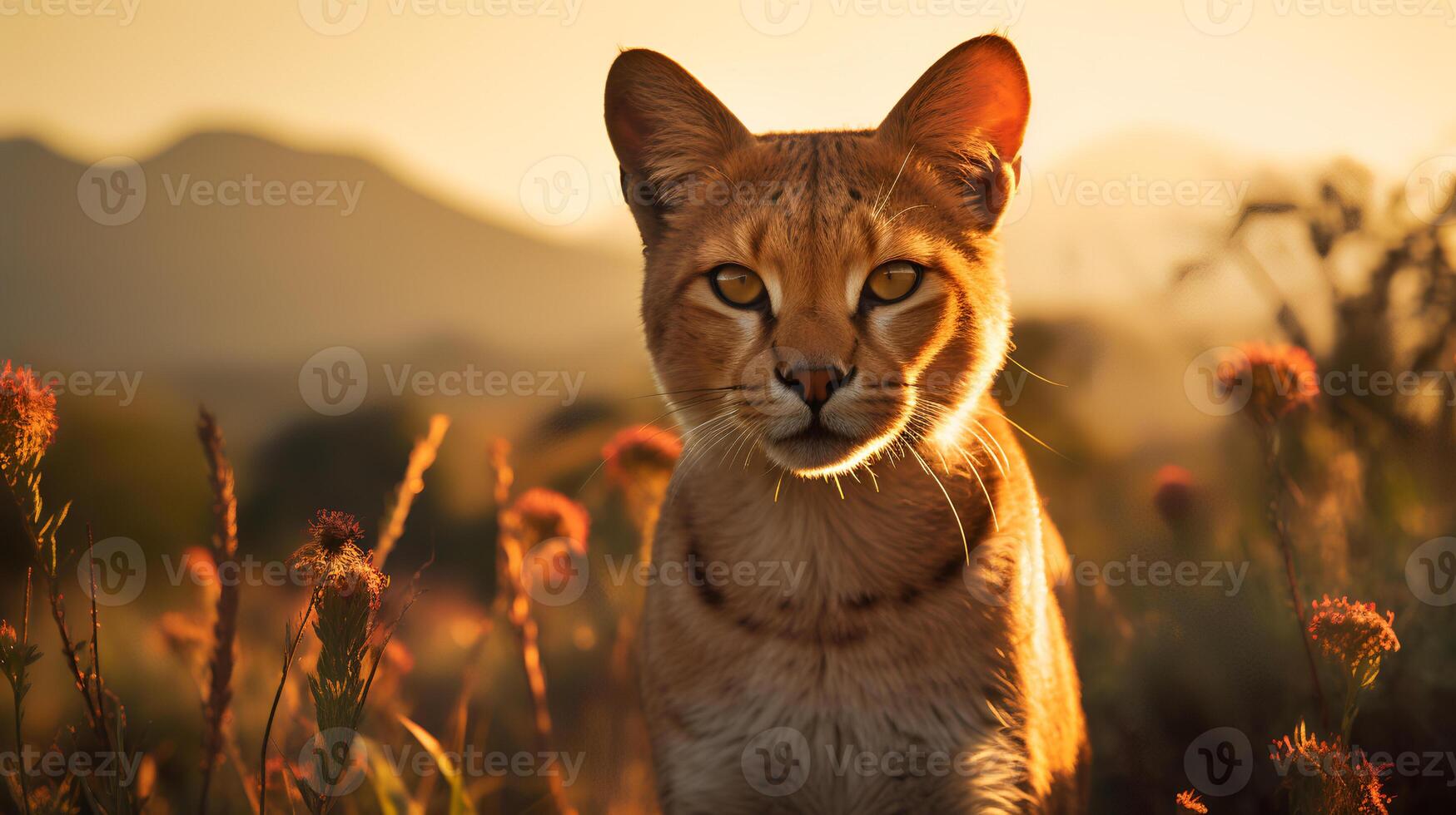 Photo of African Golden Cat on savanna at sunset.