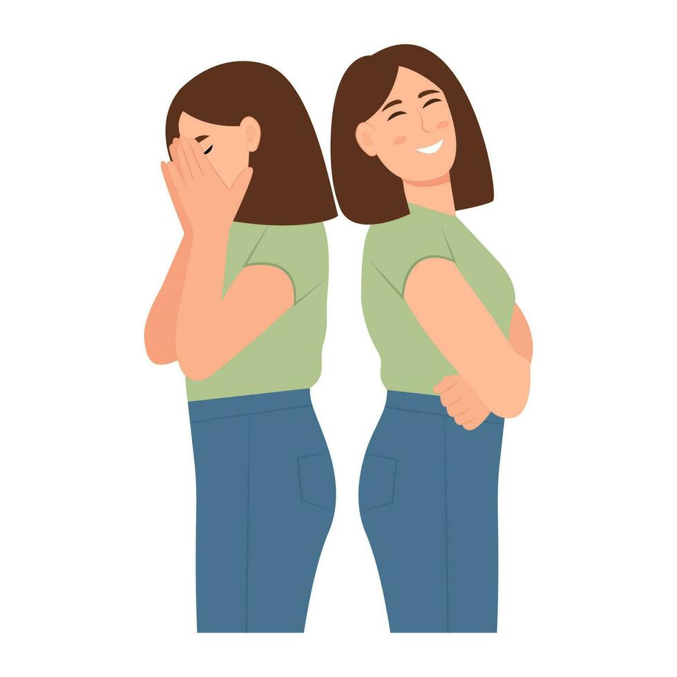 Bipolar disorder concept. Woman  Showing Two Different Moods Euphoria and Depression. Mental health problem.Opposite emotions. Vector illustration