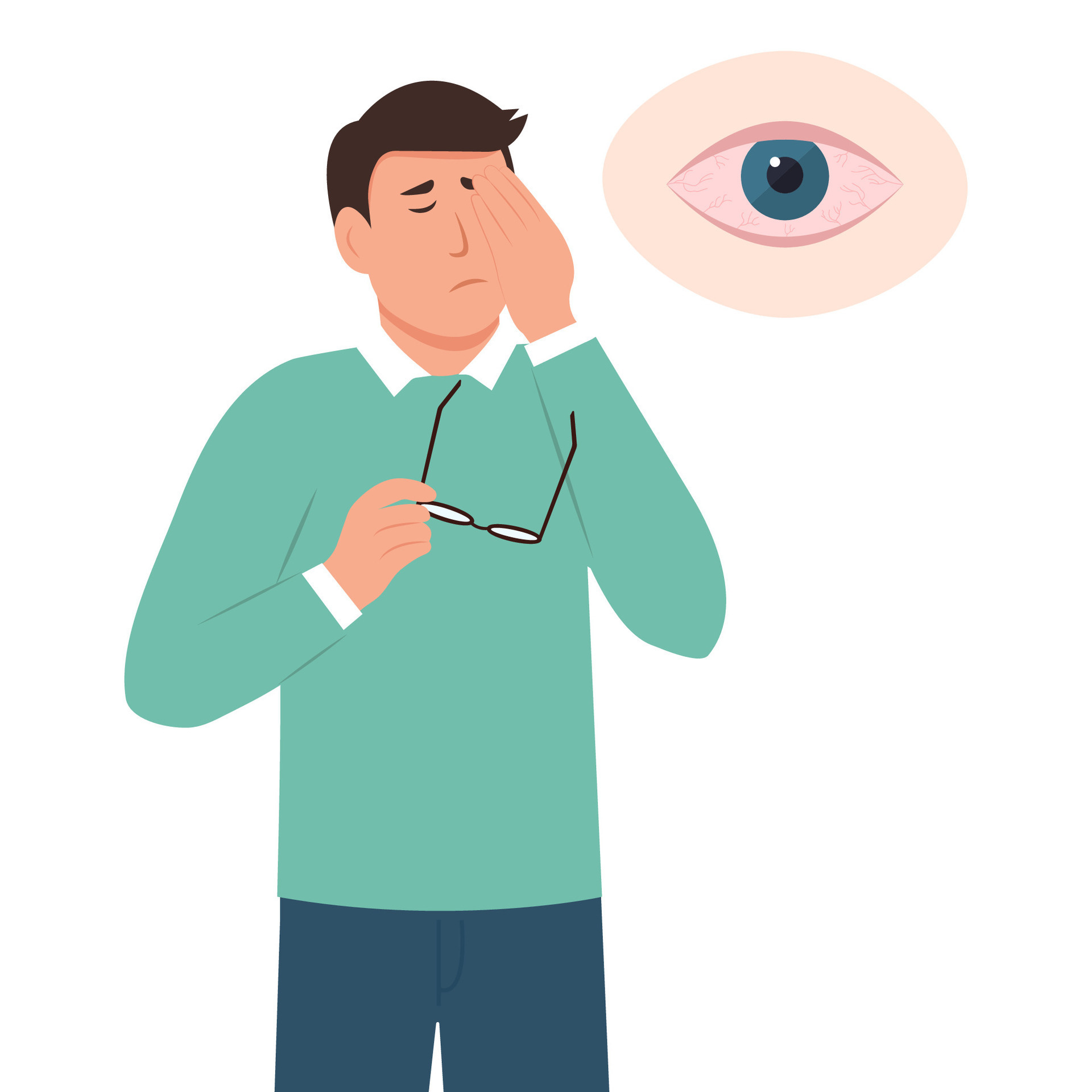 Man suffers from sore eyes. Inflammation and sharp pain in eyes. Redness, dry eyes