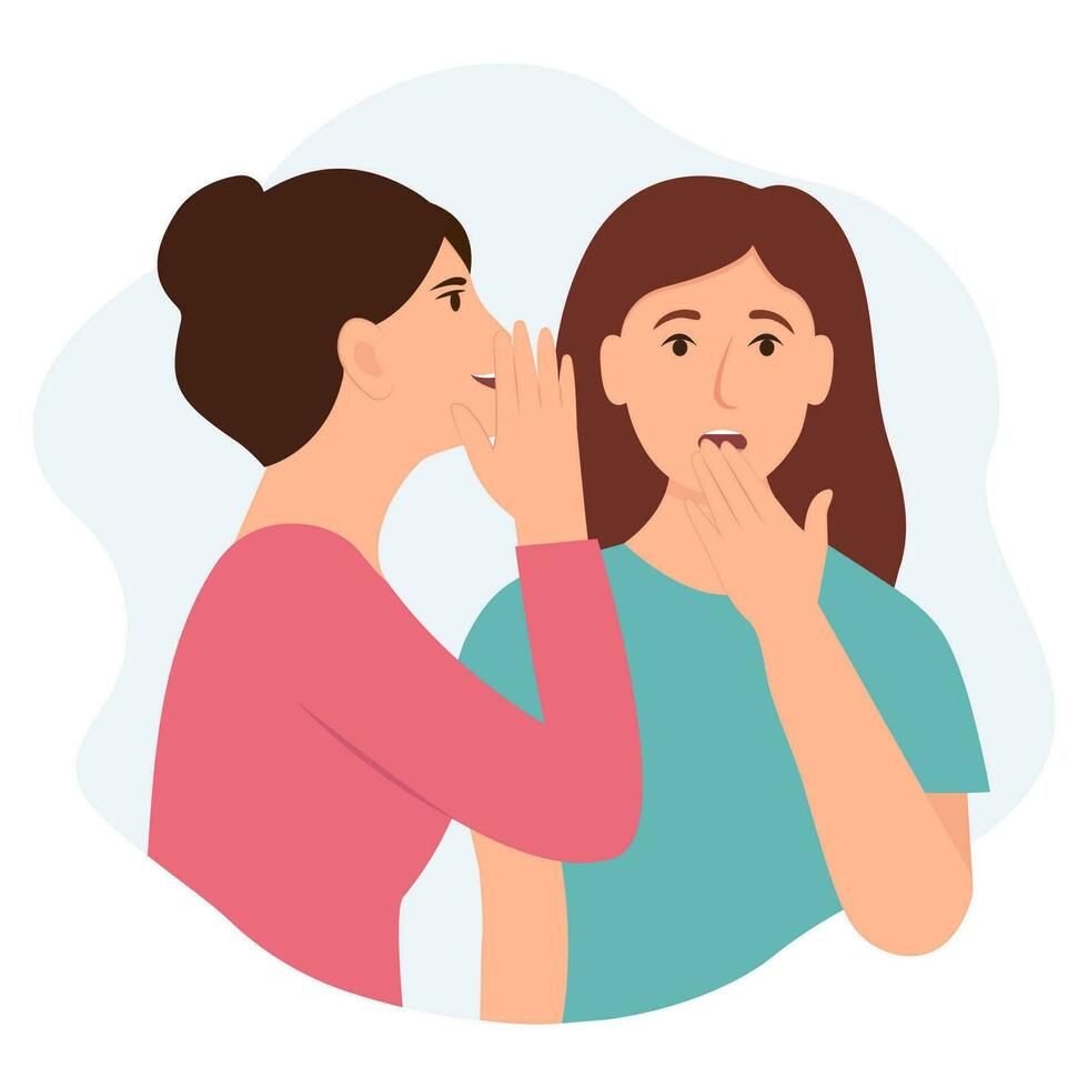 Women gossiping, whispering in ear, slandering, spreading secrets. Woman surprised when her friend talks whispering in her ear. Flat  vector illustration isolated on white background