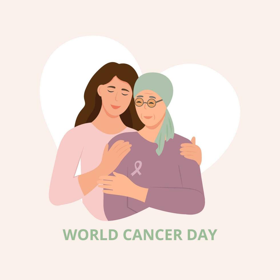 mundo cáncer día. madre y hija. retrato de joven mujer abrazando su abuela. simpático familia relación. vector plano ilustración