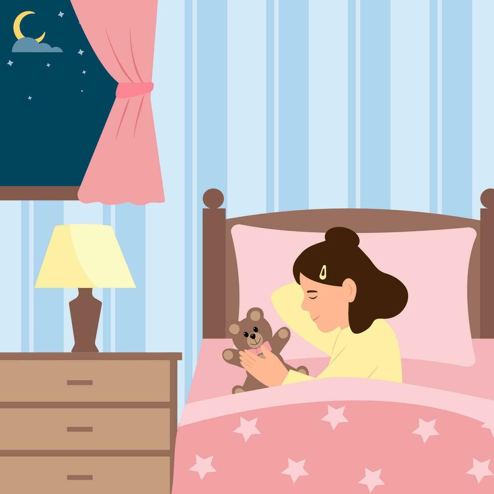 Kid girl sleep at night. Child  lying on a pillow and covered with a blanket. A window with moon. Sweet dream and healthy sleep. Vector Illustration.