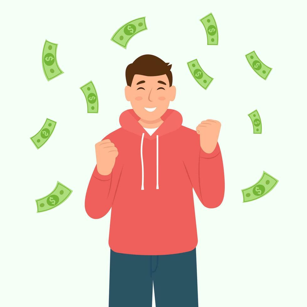 Happy young man under money rain. The concept of winning the lottery. Money and business.Vector illustration vector