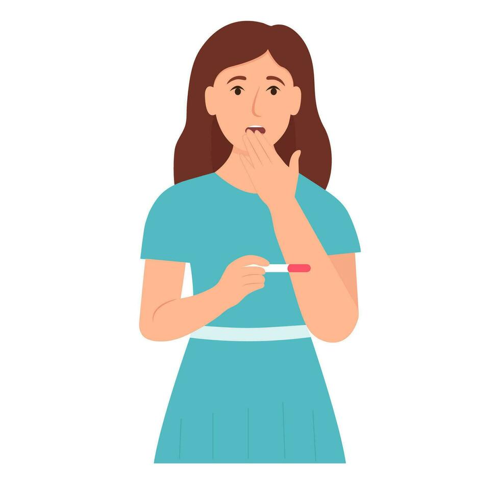 Surprised woman looking at pregnancy test. Woman shocked with pregnancy news. You are pregnant concept vector illustration.