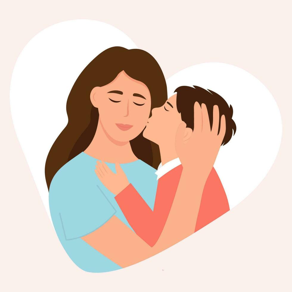 mamá abrazos su hijo . madre sostiene niño. madres día.padre muestra amor y cuidado. vector ilustración