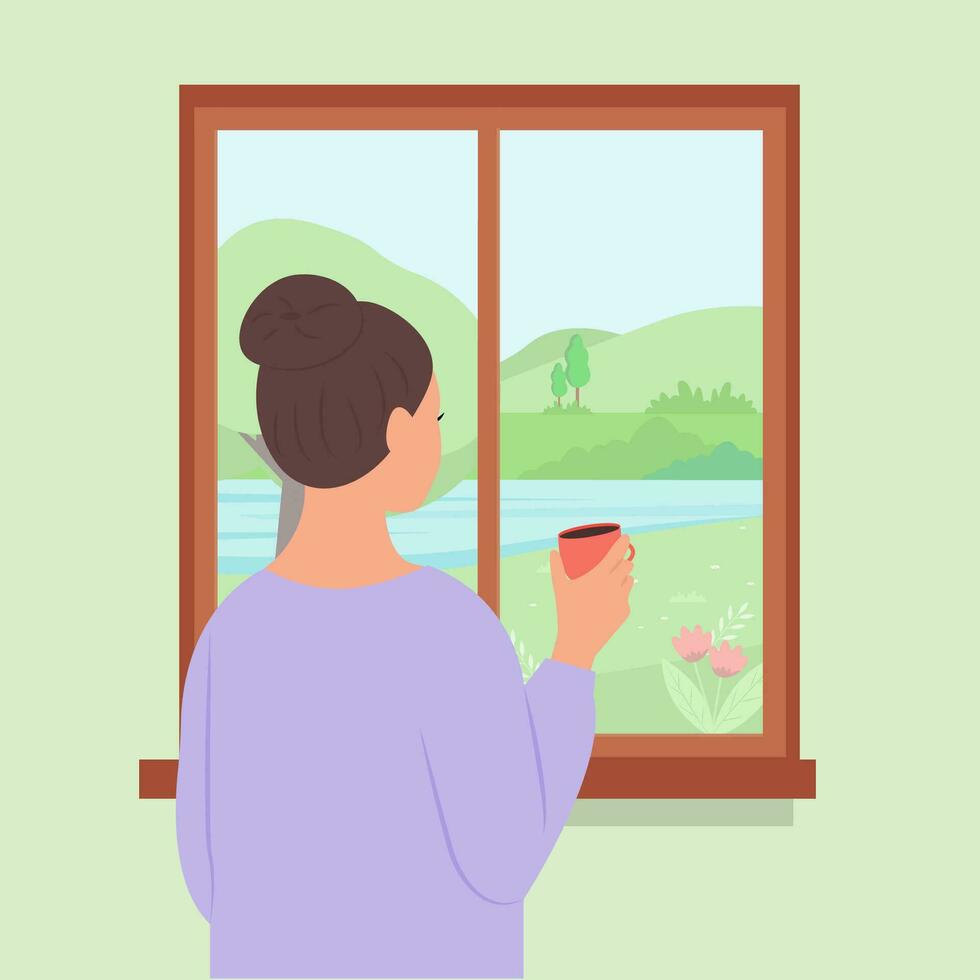 dama en pie por el ventana, espalda ver.a mujer con un taza de té o café disfruta el primavera paisaje. sping tiempo.vector ilustración vector