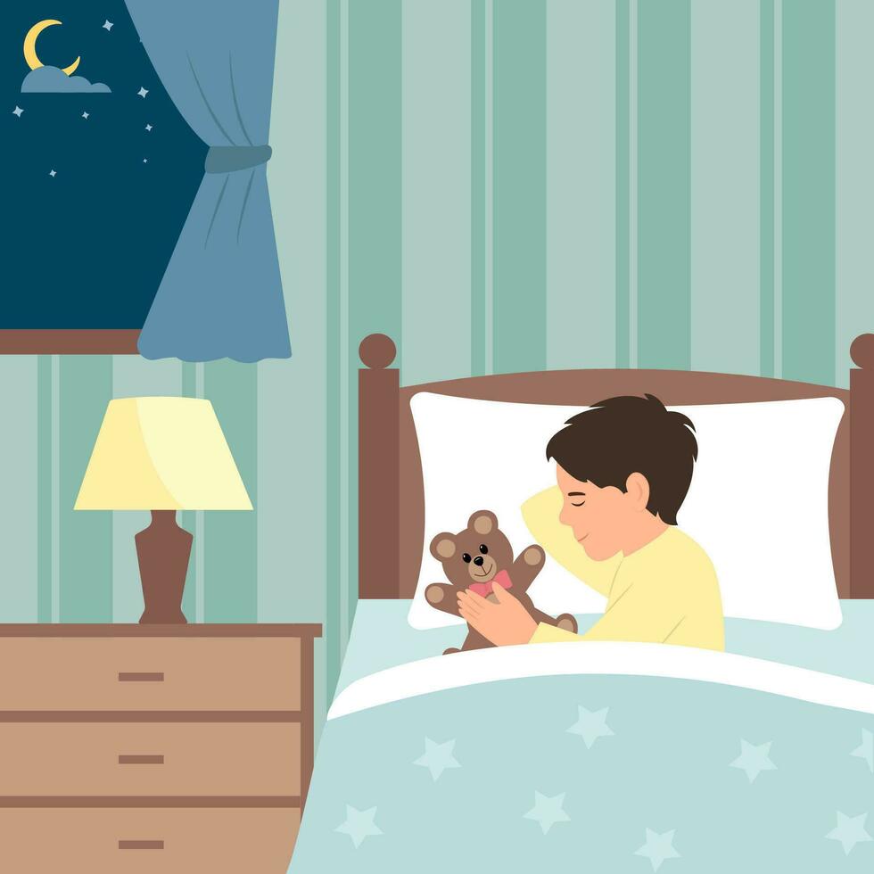 Kid boy sleep at night. Child  lying on a pillow and covered with a blanket. A window with moon. Sweet dream and healthy sleep. Vector Illustration.