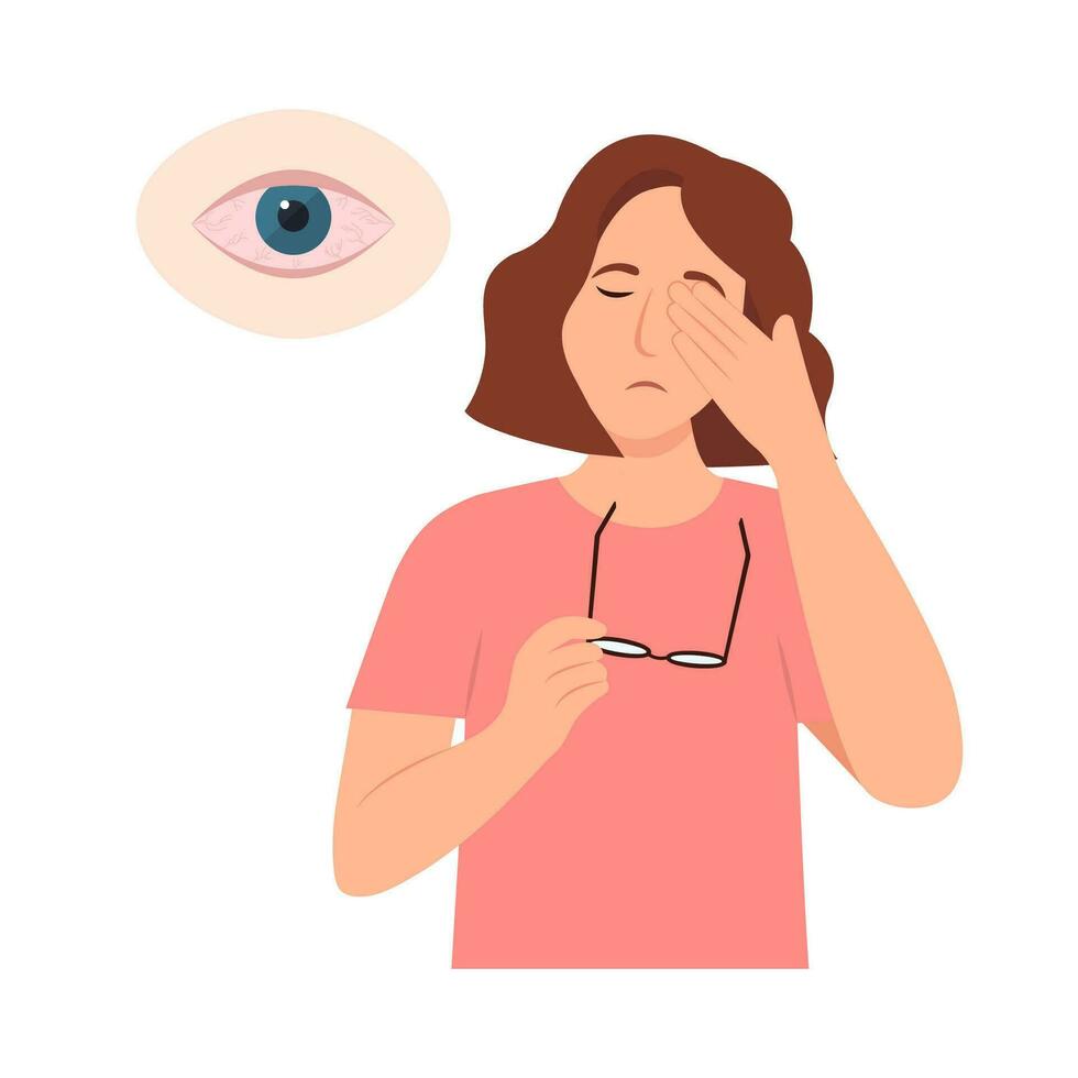 Woman suffers from sore eyes. Inflammation and sharp pain in eyes.  Redness eyes. Conjunctivitis, infection and allergies symptom. Vector illustration.