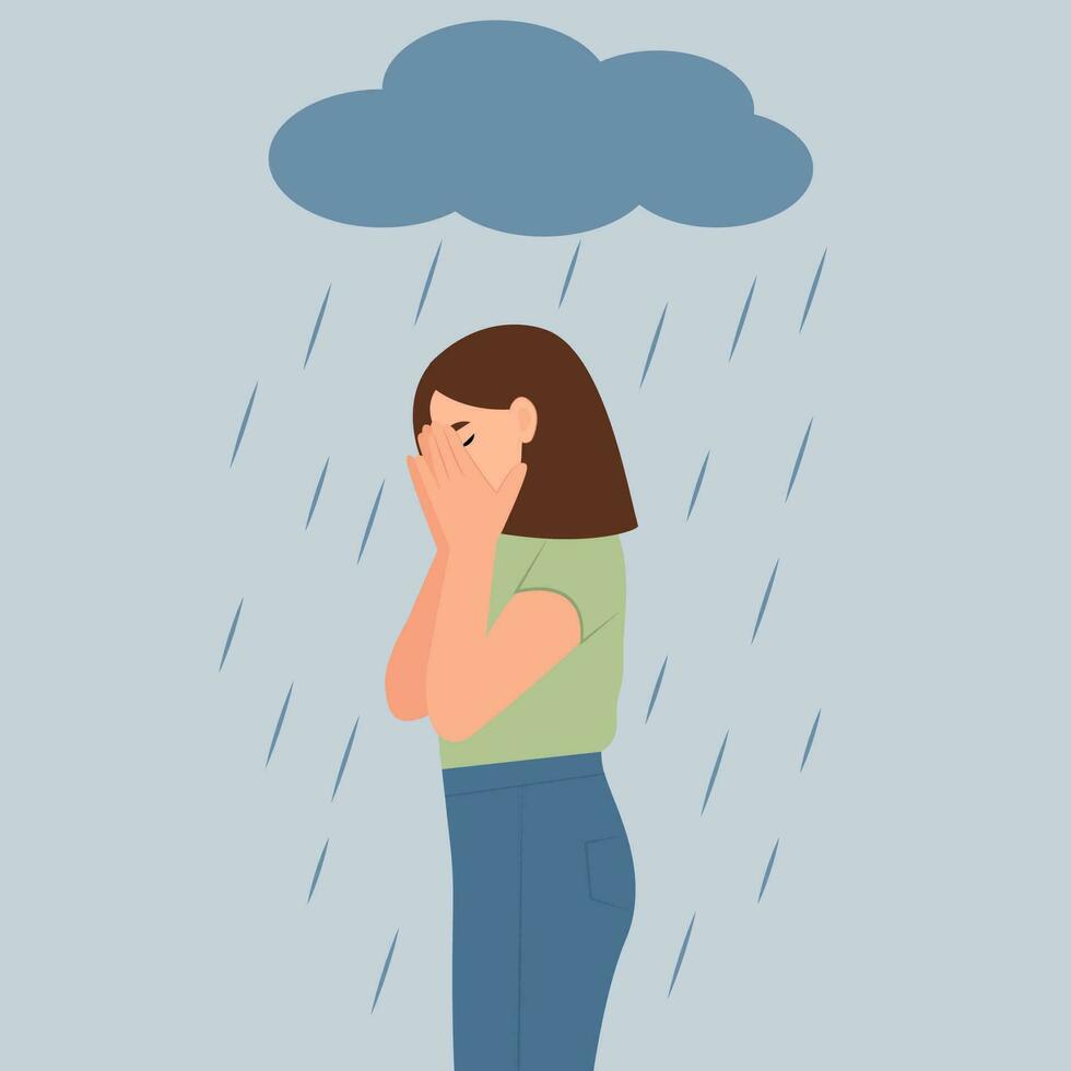 Deprimido mujer en pie en el lluvia y nube.solitaria triste joven niña llantos cubierta su cara con su manos. dolor y dolor. el concepto de mental trastorno, tristeza y depresión. vector