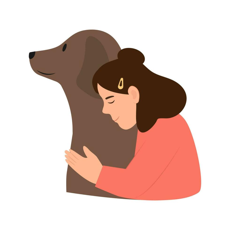 Child hugging dog. Smiling girl with cute animal. Love and friendship between child and pet. Flat vector illustration.