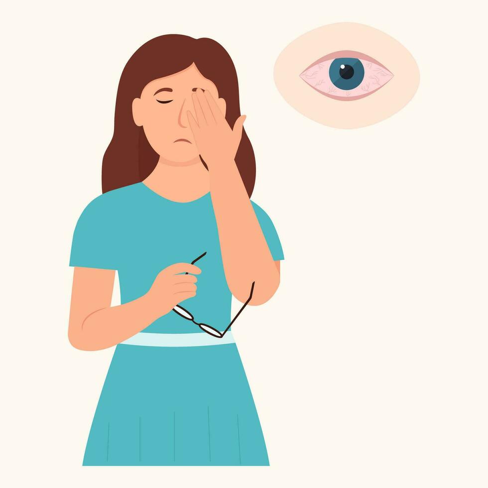 Woman suffers from sore eyes. Inflammation and sharp pain in eyes.  Redness, dry eyes. Conjunctivitis, infection and allergies symptom. Vector illustration.