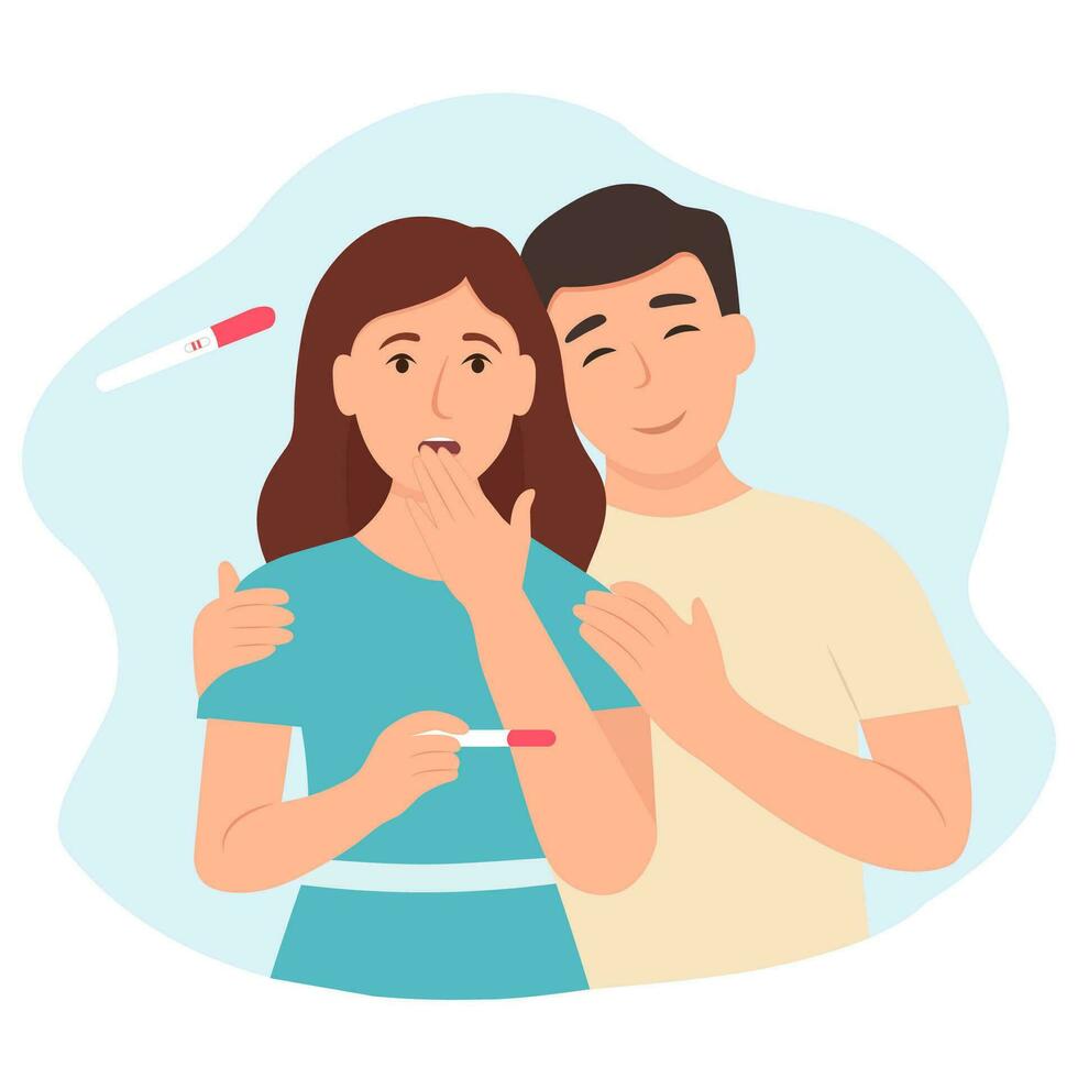 Surprised Woman Holding Pregnancy Test.Positive result. Happy young  couple expecting a baby.Vector illustration vector