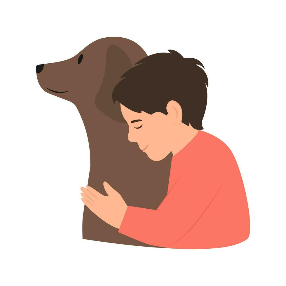 Child hugging dog. Smiling boy with cute animal. Love and friendship between child and pet. Flat vector illustration.