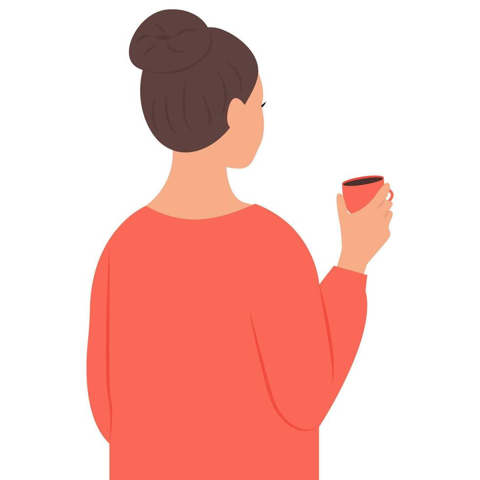 Dreamy girl looks into the distance back view. Young woman drinking tea or coffee. Vector illustration isolated on white background