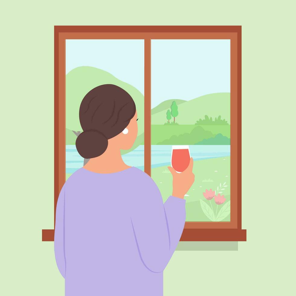 dama en pie por el ventana, espalda ver.a mujer con un Copa de vino disfruta el primavera paisaje. sping tiempo.vector ilustración vector