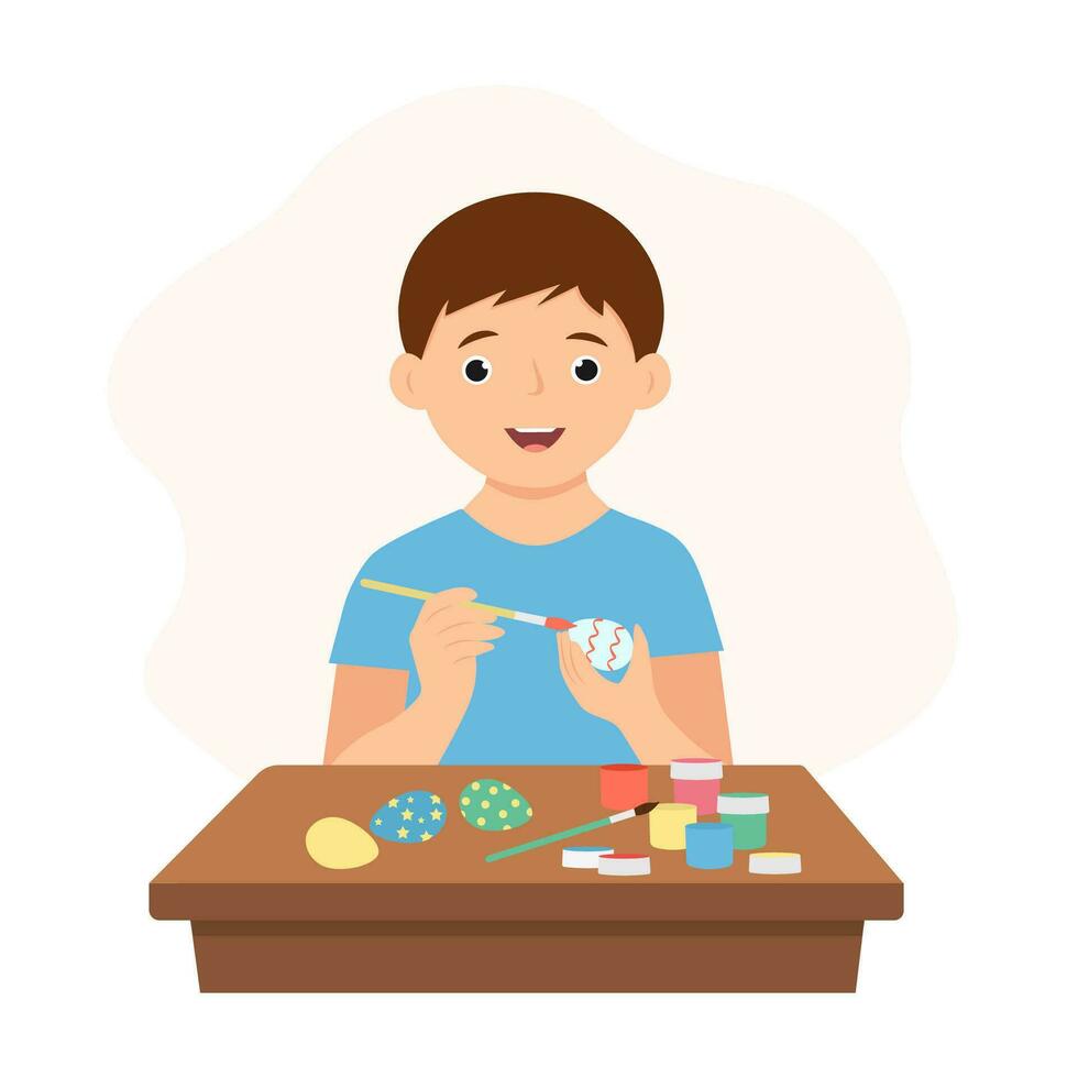 A kid painting Easter eggs. Happy boy preparing for Easter. Flat vector illustration