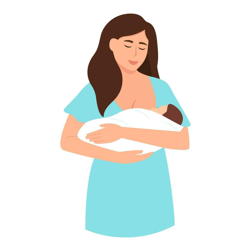Beautiful Woman feeding a baby with breast Breastfeeding mother.Woman Lactation concept. World Breastfeeding Week. Flat vector illustration isolated on white background