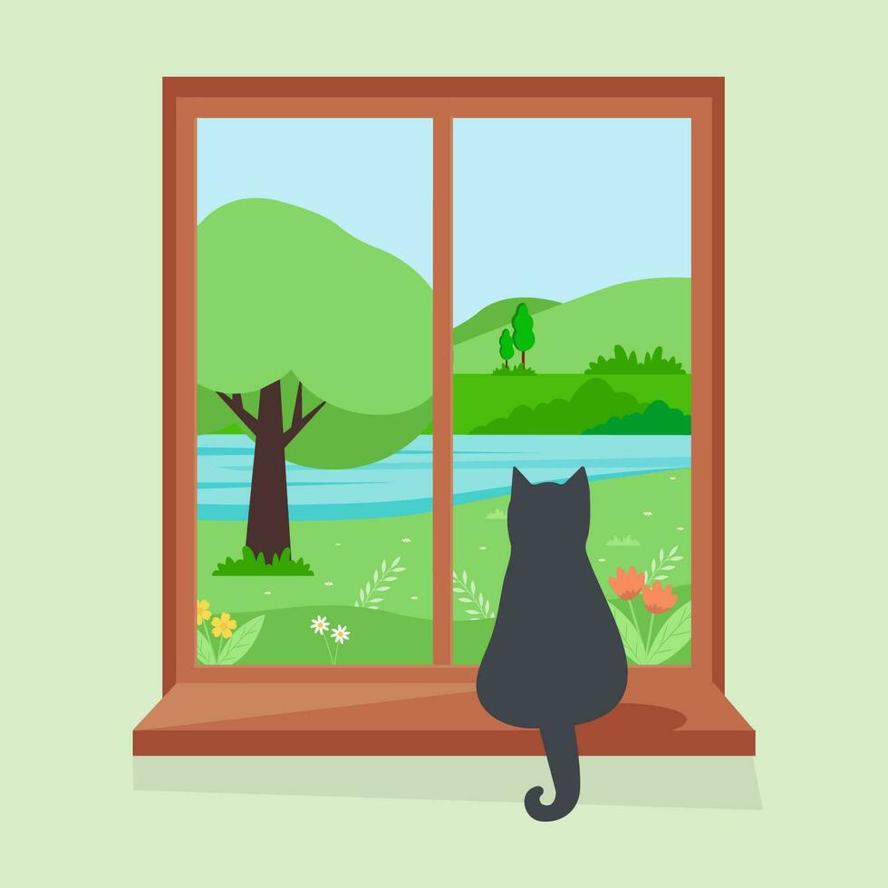 Spring window with view, apple pie  with and a coffee or tea cup on the sill.the sill. Cozy vector illustration in flat style