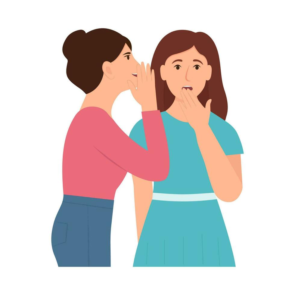 Women gossiping, whispering in ear, slandering, spreading secrets. Woman surprised when her friend talks whispering in her ear. Flat  vector illustration isolated on white background