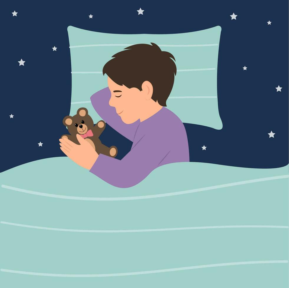 The boy sleeping in bed. A kid lying on a pillow and covered with a blanket.Vector illustration vector