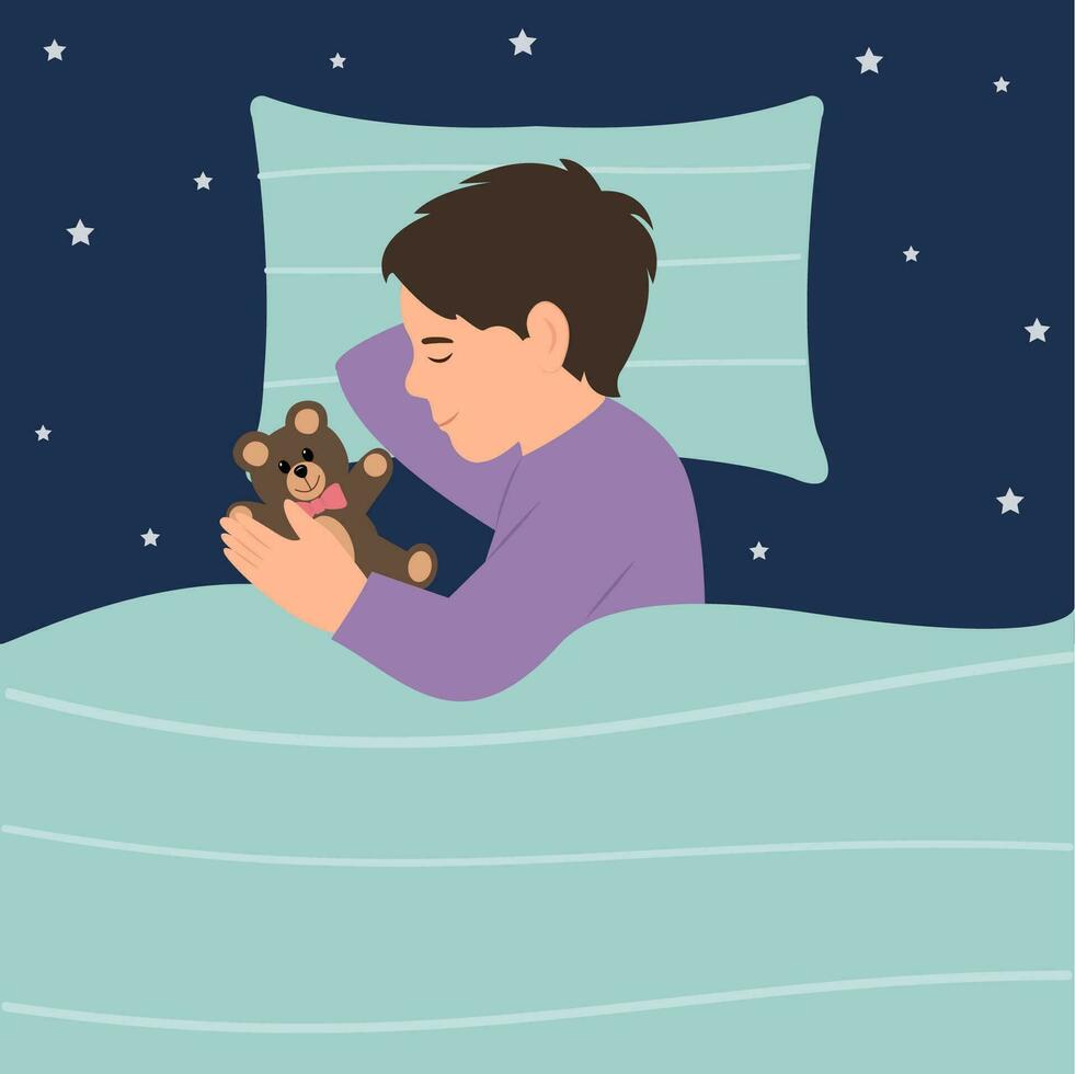 el chico dormido en cama. un niño acostado en un almohada y cubierto con un manta.vector ilustración vector