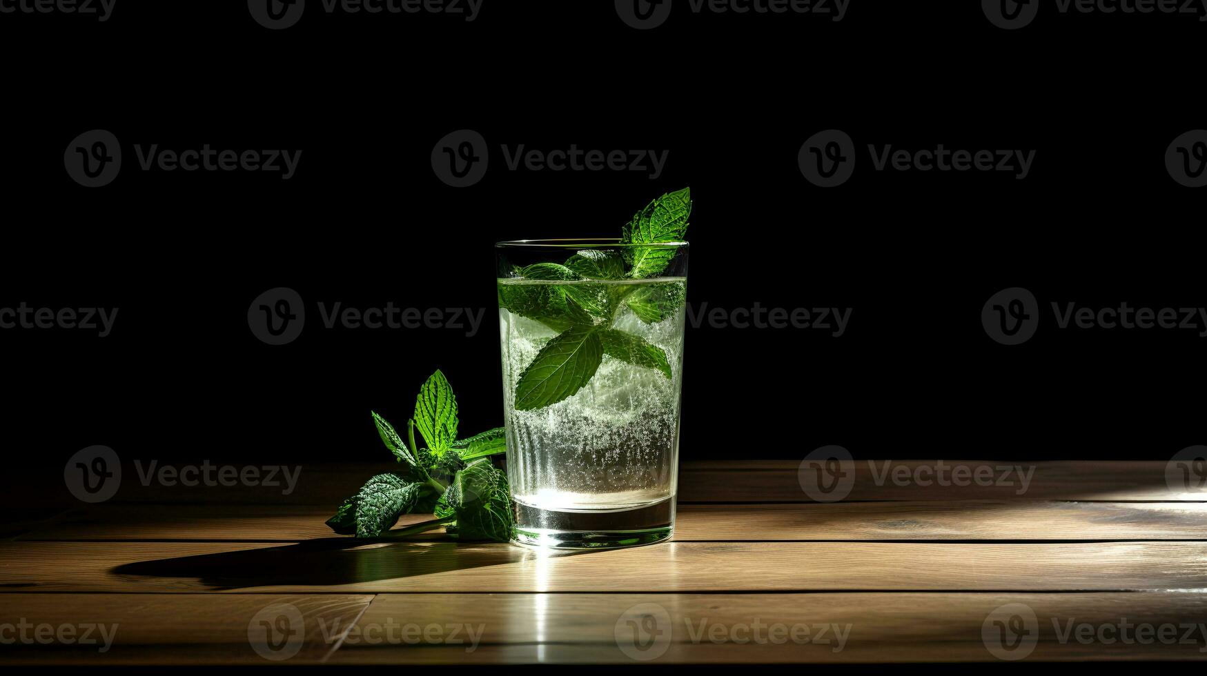 Food photography of mojito on wooden table. Generative AI photo