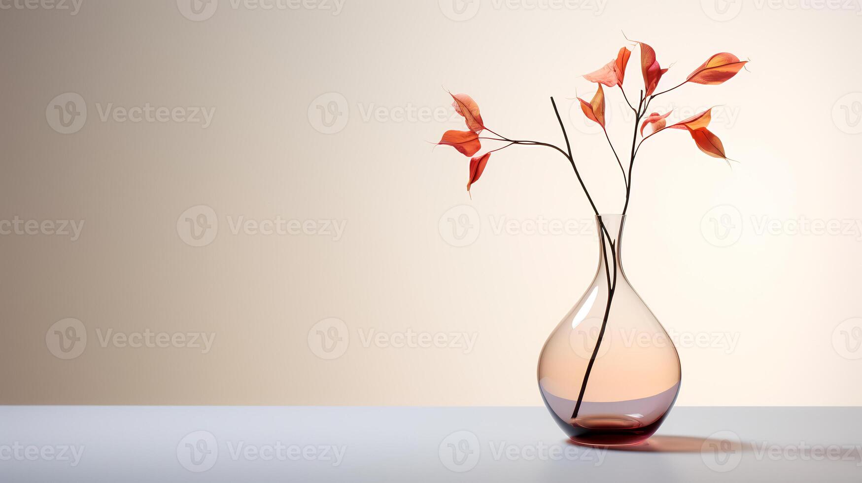 Photo of one stem plant in minimalist transparent vase as houseplant for home decoration on warm color background. Generative AI