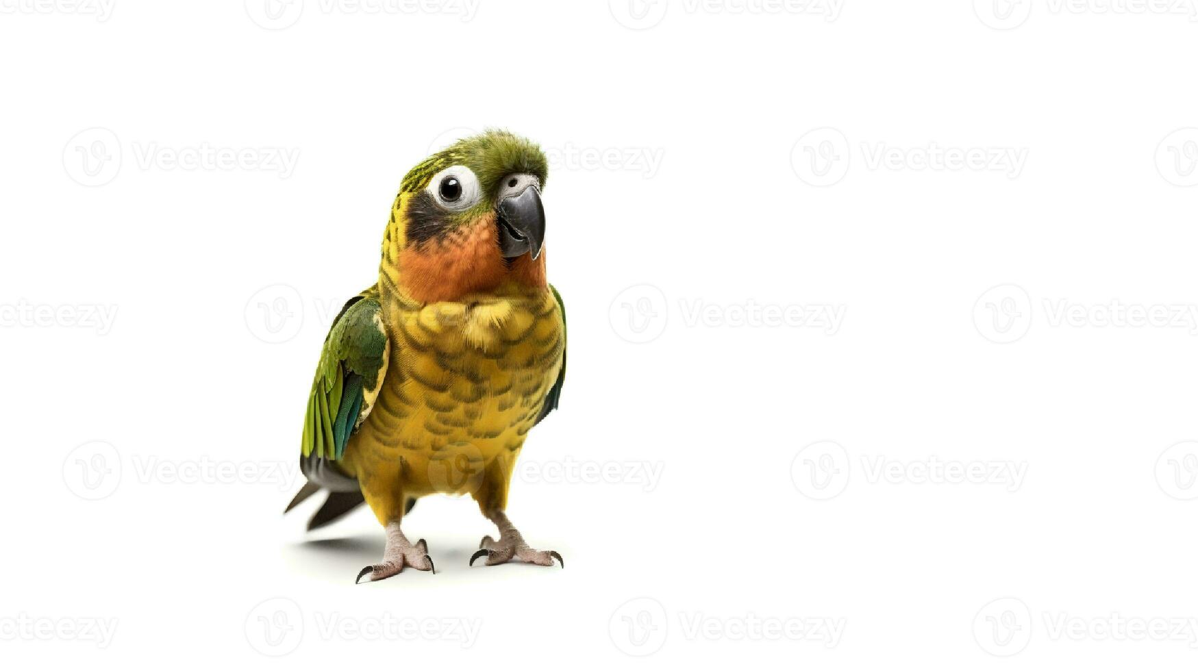 foto de un conure pájaro en blanco antecedentes. generativo ai