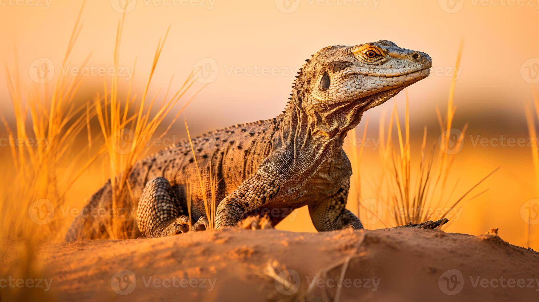 Photo of Nile Monitor on savanna at sunset.