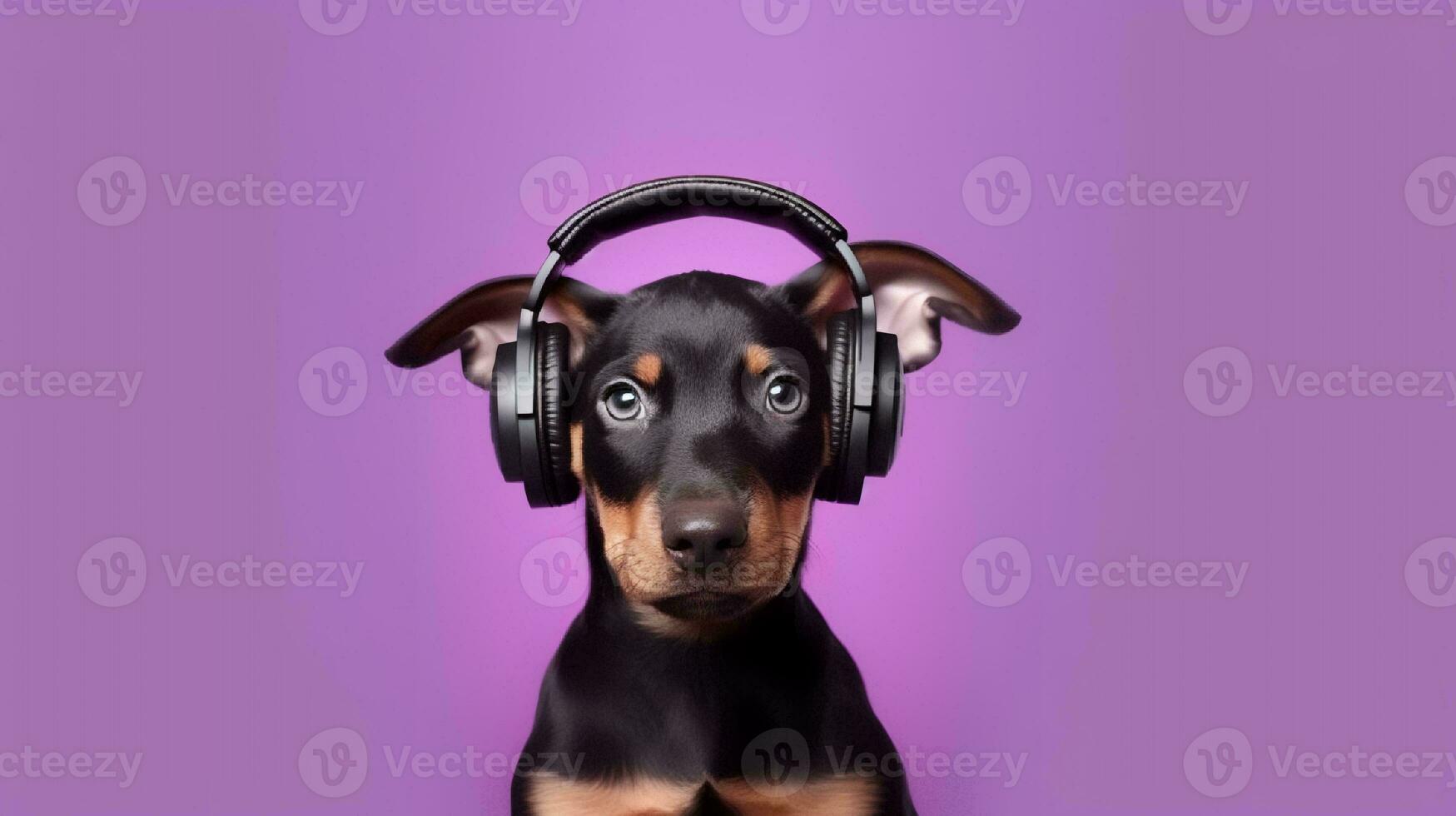 Photo of doberman using headphone  on purple background. Generative AI