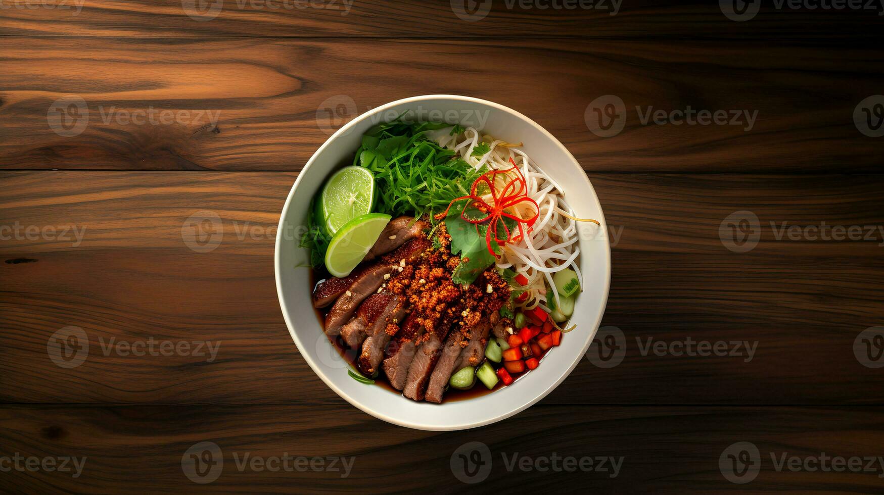 Food photography of pho on wood table. Generative AI photo