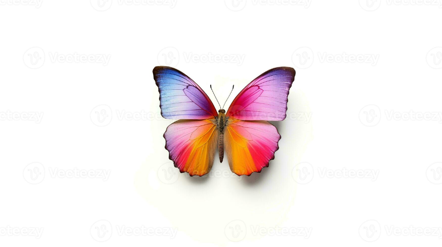 Photo of a rainbow butterfly on white background. Generative AI