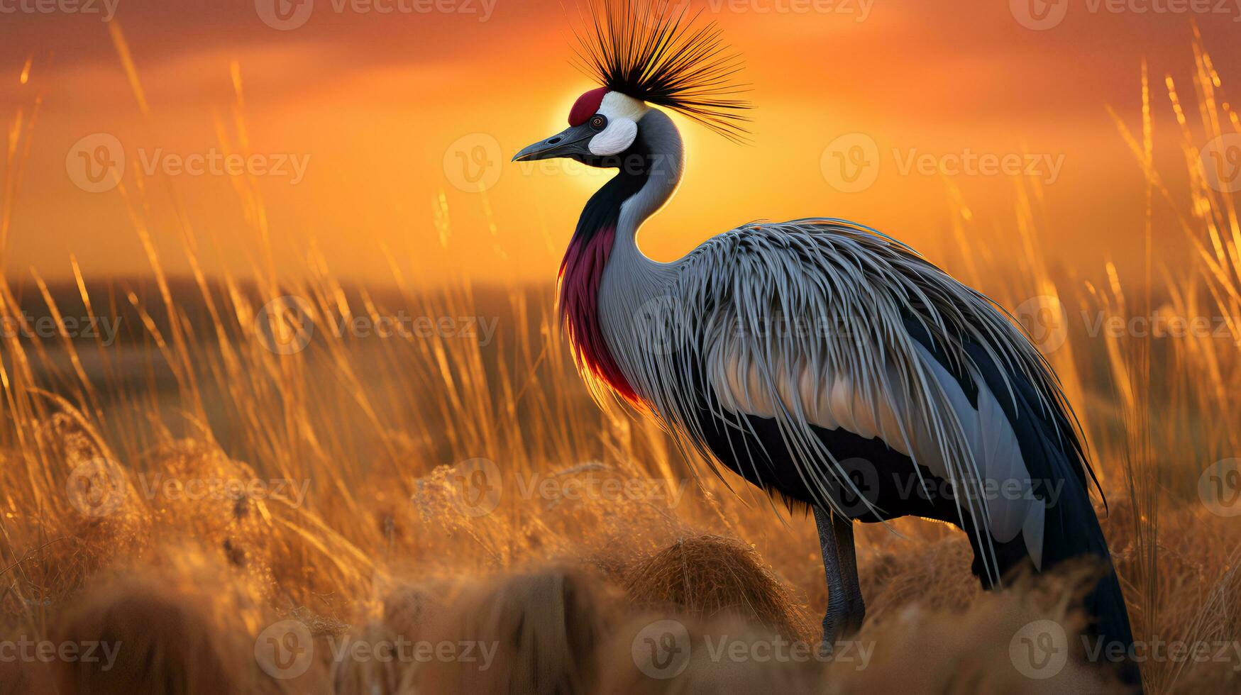 Photo of Grey Crowned Crane on savanna at sunset. Generative AI