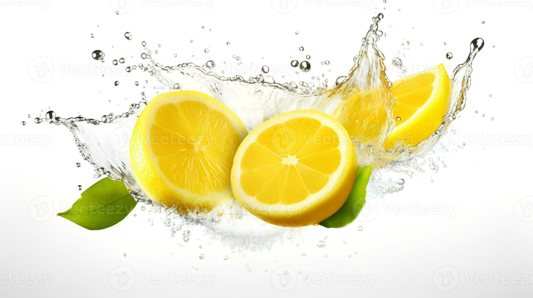 Photo of Fresh Lemon Slices with Water Splashes isolated on white background