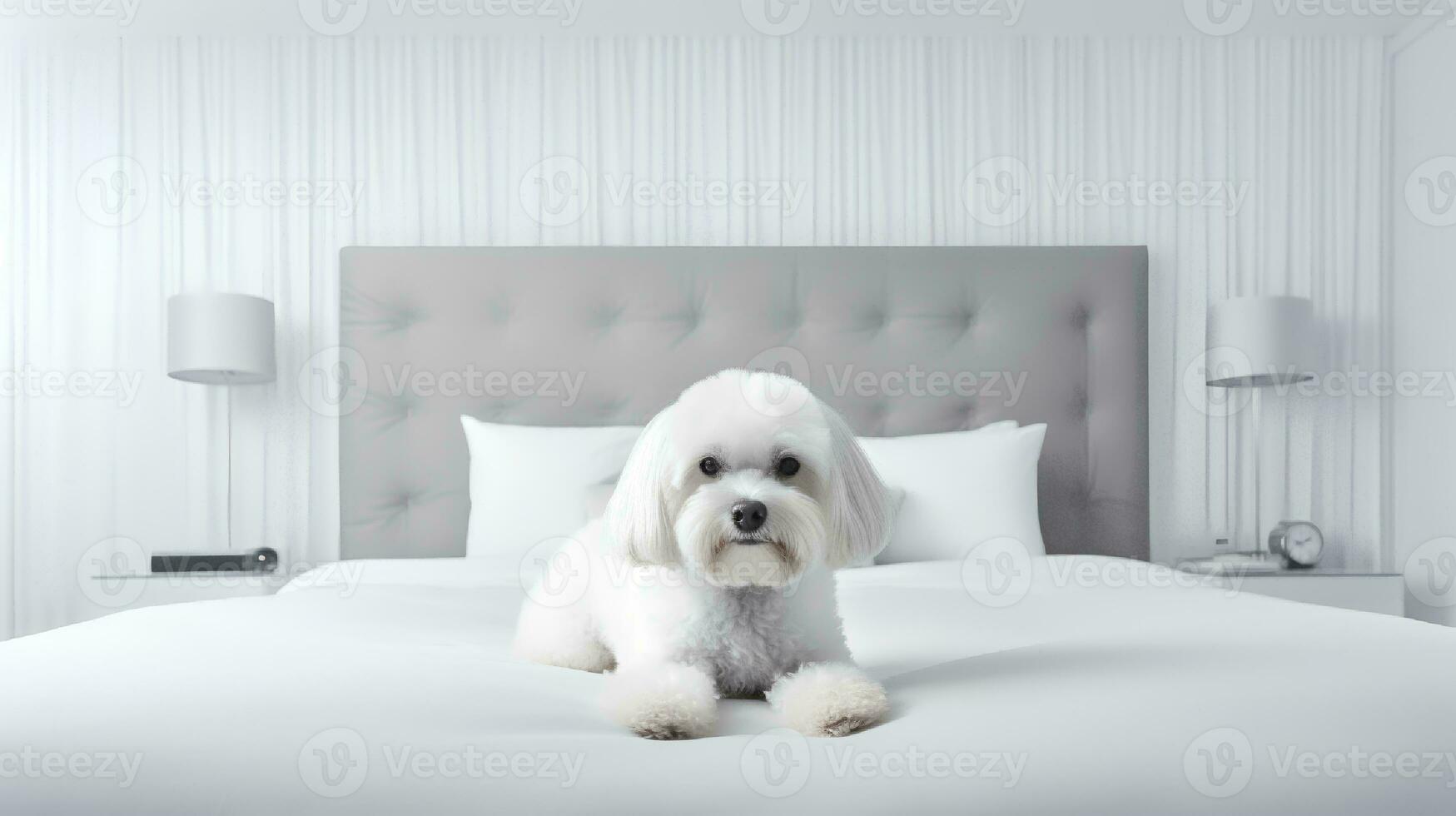 Maltese dog lying on bed in hotel with contemporary interior design. Generative AI photo