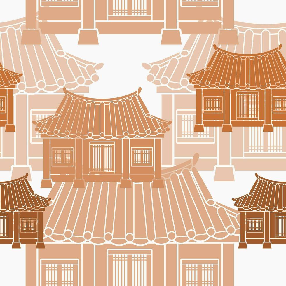 Editable Vector Illustration of Front View Traditional Hanok Korean House Building as Seamless Pattern for Creating Background and Decorative Element of Oriental History and Culture Related Design