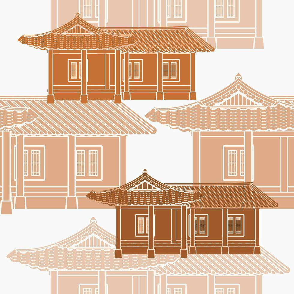 Editable Monochrome Traditional Hanok Korean House Building Vector Illustration as Seamless Pattern for Creating Background and Decorative Element of Oriental History and Culture Related Design