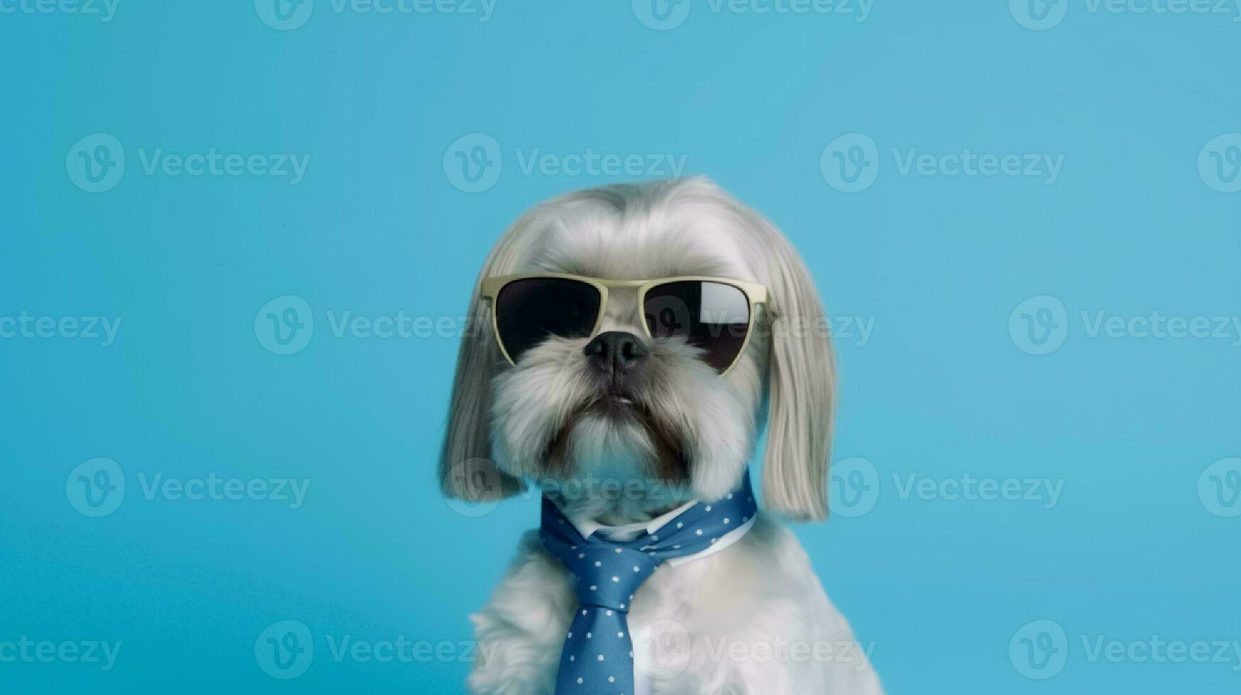 Photo of haughty lhasa apso dog using sunglasses  and office suit on white background. Generative AI