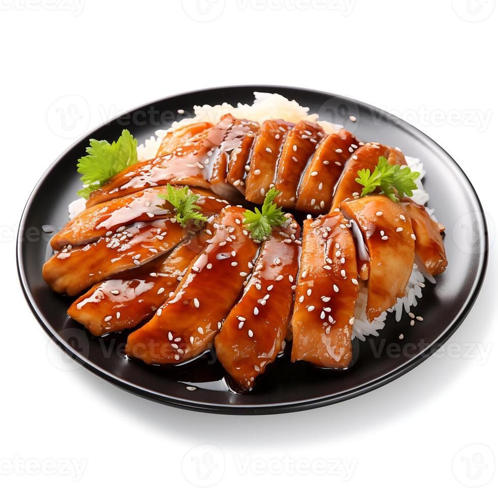 Food photography of Teriyaki Chicken on plate isolated on white background. photo