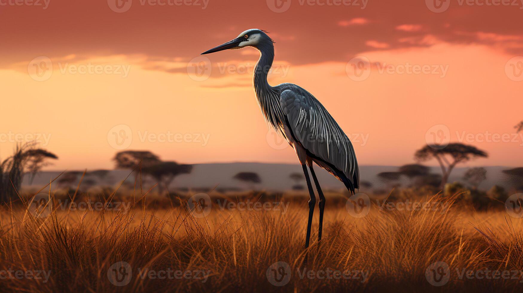 Photo of Goliath Heron on savanna at sunset.