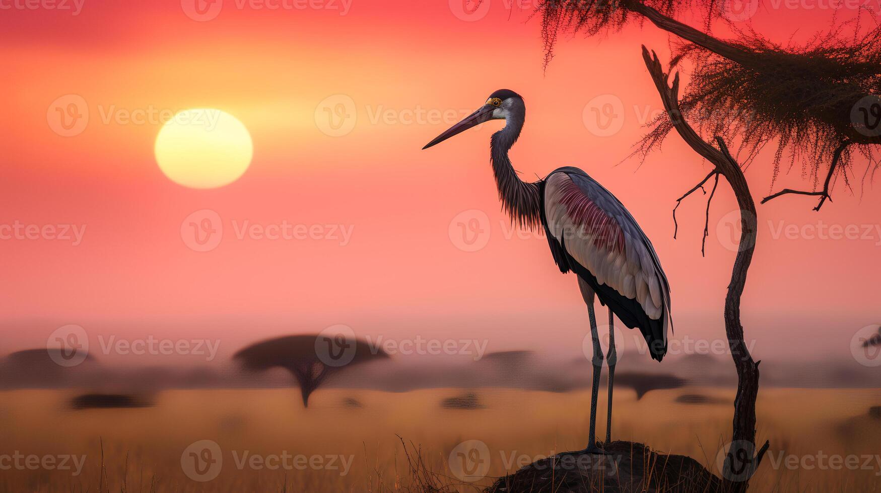 Photo of Marabou Stork on savanna at sunset.