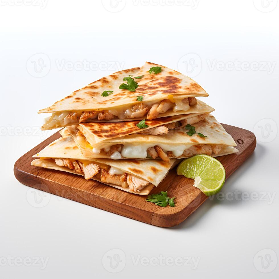 Photo of Chicken Quesadilla on wooden board isolated on white background. Created by