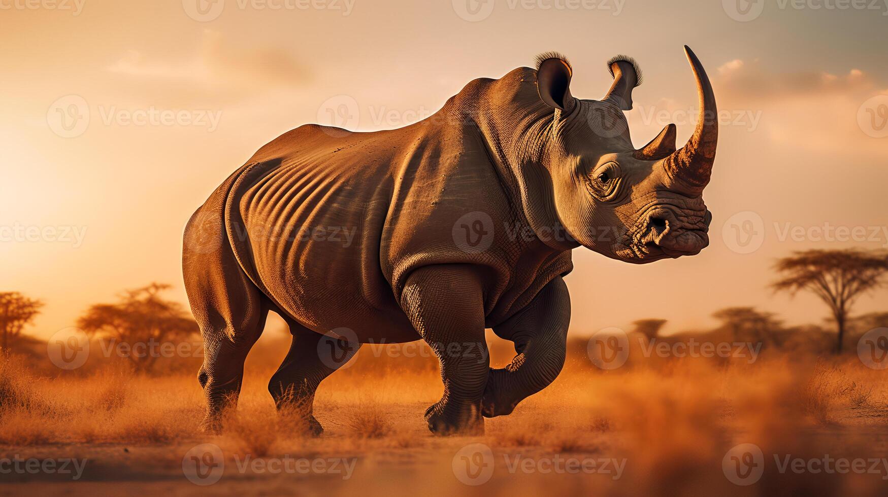 Photo of Rhinoceros on savanna at sunset. Generative AI