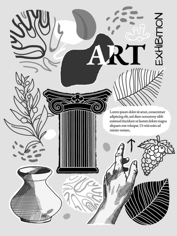 Monochrome creative flyer or poster concept with abstract geometric shapes and silhouettes on bright background. Roman and Greek vector illustration. Art posters for the exhibition,  magazine, cover