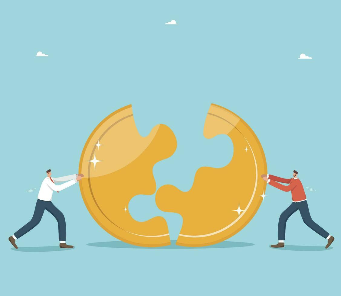 Working together for income and salary growth, cooperation and partnership to improve business and investment profitability, financial growth and money management, men put together coin like a puzzle. vector