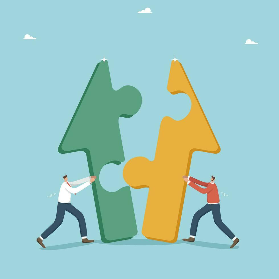 Teamwork to achieve heights in work, strategic planning in achieving common goals, cooperation for a rapid pace of business development, teamwork for financial growth, men put the arrow like a puzzle. vector