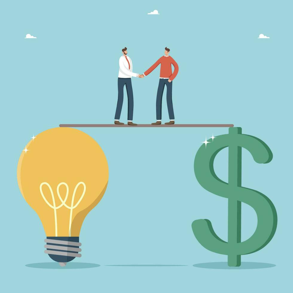 Teamwork and brainstorming in turning creative ideas into means of earning money, innovating and start-ups for additional profit, new opportunities, men shaking hands between light bulb and dollar. vector